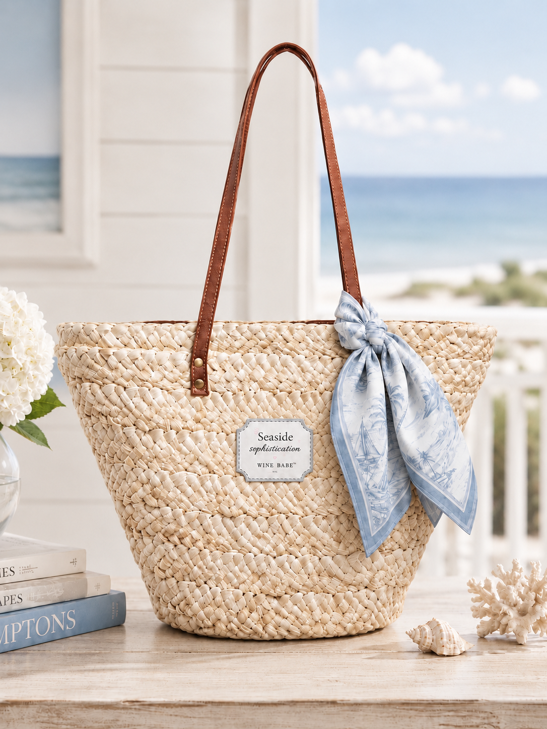 Seaside Sophistication, Woven Straw Tote Bag